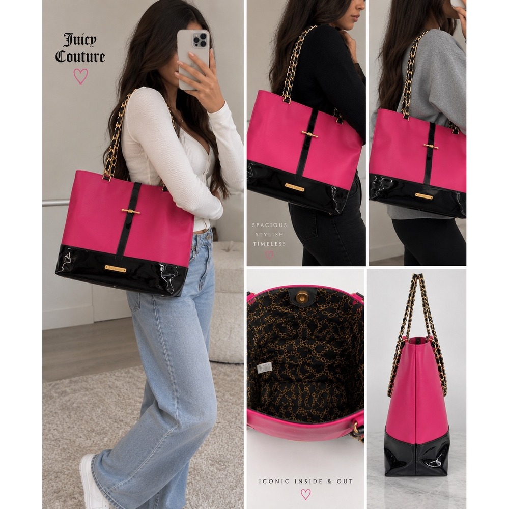 Juicy Couture Pink and Black Patent Leather Chain Strap Tote Bag